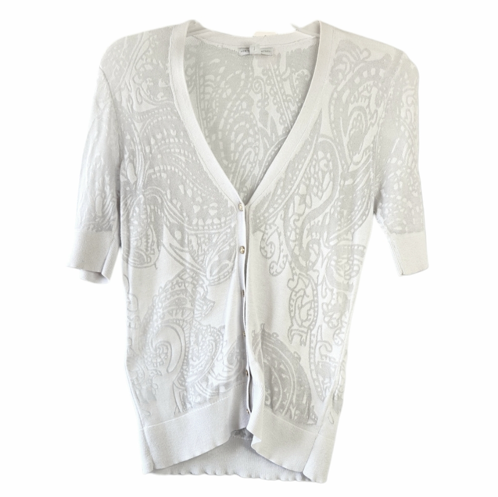 New York & Company White Sheer Paisley Short Sleeve Button Sweater Womens Medium